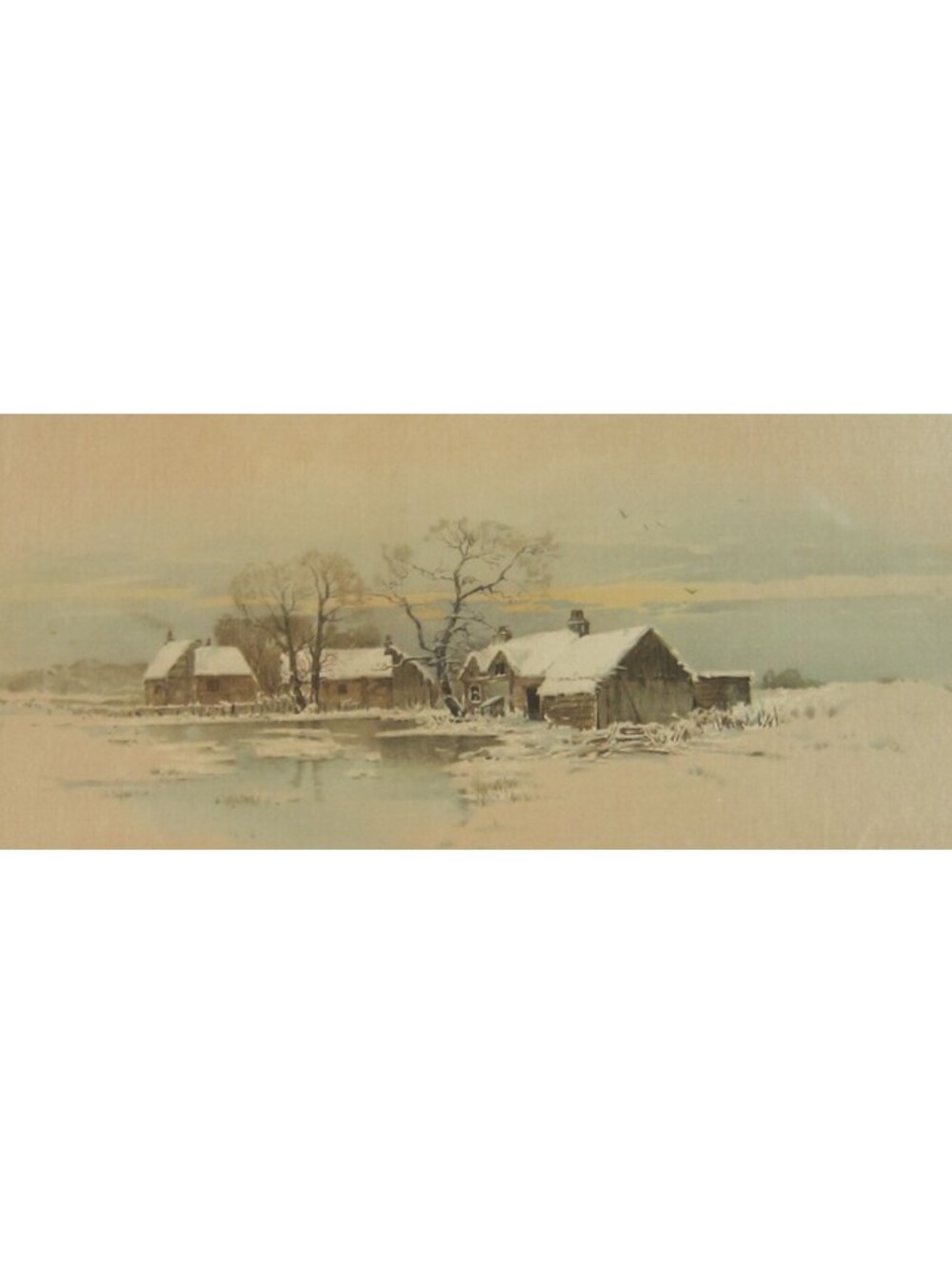Antique Silk Print Winter Snowy Log Cabins Trees Pond Art Framed in Glass 16x11